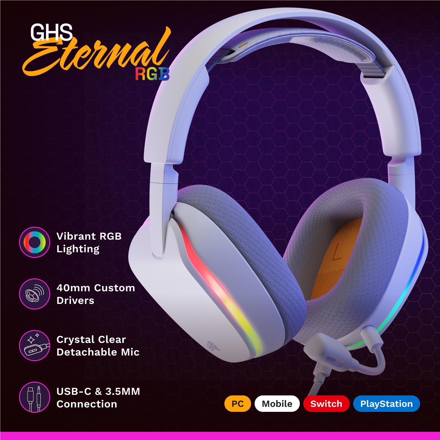 Glorious GHS Eternal RGB Stereo RGB Gaming Headset for PS5, PS4, Switch and PC (White)